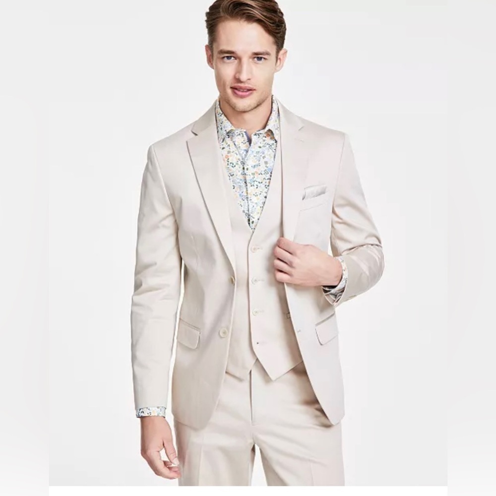 Bar III Slim Fit Cotton Stretch Solid Two Button Tan Blazer Suit Jacket - 42 S